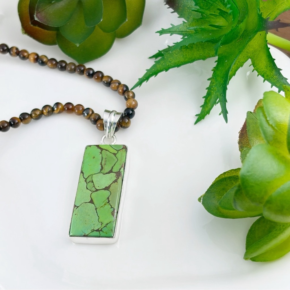 Boho Southwest Genuine Green Copper Turquoise Pendant Necklace Handmade New 925 - Picture 4 of 7